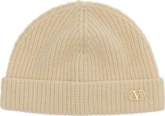 Valentino Garavani Vlogo Signature Cashmere Beanie - Heren - Hoeden - Beige - ONE Size - Kasjmier - Accessoires