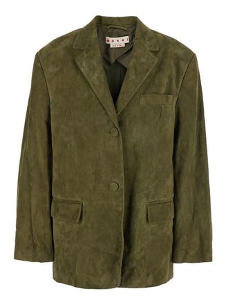 Marni Green Single-Breasted Jacket With Notched Revers And Logo Patch On The Rear In Suede Woman