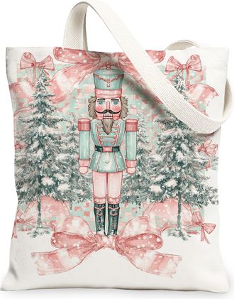 Generic Christmas Nutcracker Canvas Tote Bags, Vintage Holiday Design Reusable Grocery Bags, Lightweight Washable Shoulder Strap Ca, White, 13x15 Inch