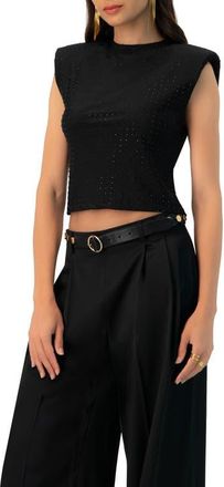 Ivonne Padded-Shoulder Cropped Rhinestone Top in Black at Nordstrom, Size Medium
