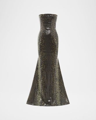 Alex Perry Strapless Leopard-Print Sequined Longline Trumpet Gown