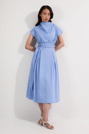 Karen Millen Womens Cotton Stripe High Neck Belted Woven Midi Shirt Dress - Blue Viscose - Size 12 UK