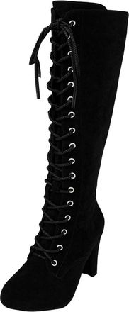 Generic Womens Knee High Boots Ladies High Heeled Platform Lace Up Stretch Elasticated Calf Long Shoes Faux Suede Casual Pointed Riding Boots Ladies Fashion W