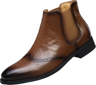 Generic Mens Pull on Chelsea Ankle Boots Pointed Toe PU Leather Vintage Brogue Shoes Flat Heel Formal Boots,Yellow,5.5 UK