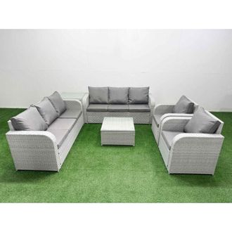 Fimous Fimous PE Rattan High Back Lounge Sofa Set Patio Square Coffee Table & Chairs Set with 3 Seater Sofa Reclining Chair Side Table Light Grey