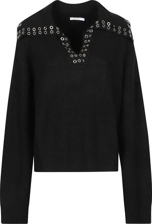 Patrizia Pepe Long Sleeve Polo Neck Ribbed Knit Acrylic-Wool Sweater