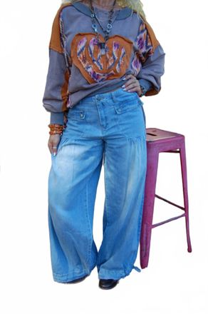 Flying Monkey Tie Bottom Flowy Pants In Light Washed Denim