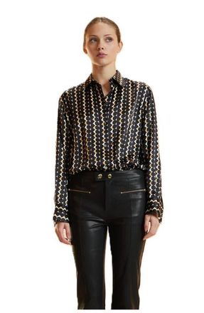 Cynthia Rowley Foil Silk Button Up Shirt in Geo Black/camel Combo at Nordstrom, Size X-Small