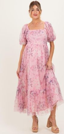 Pinkblush Floral Printed Tulle Puff Sleeve Midi Dress at Nordstrom, Size Medium