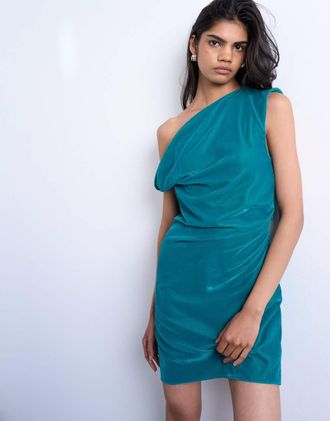 Topshop Vestito corto accollato in velluto verde-azzurro con spallina attorcigliata-Blu