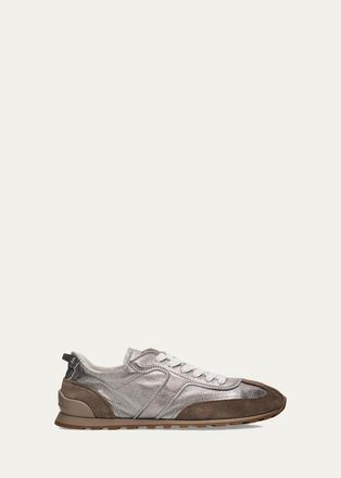 Brunello Cucinelli Monili Pull-Tab Crinkle-Effect Leather Low-Top Sneakers
