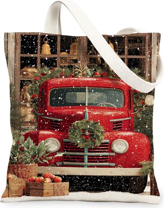 Generic Christmas Vintage Truck Canvas Tote Bags, Holiday Reusable Grocery Bags, Eco-Friendly Lightweight Washable Shoulder Strap C, Red, 13x15 Inch