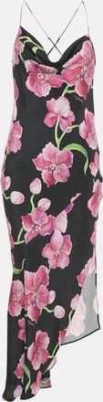 Haney Black Floral Print Silk Cowl Neck Slip Dress