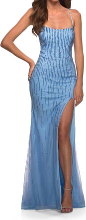 La Femme Sequin Beaded Scoopneck Gown In Cloud Blue