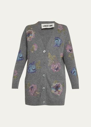 Libertine - Libertine Mosaic Floral Embellished Cashmere V-Neck Cardigan