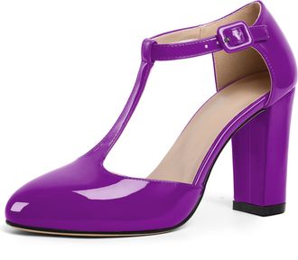 EDEFS Womens Purple Patent Mary Jane Heels with T Strap 3.5 Inch Block Heel Court Shoes Closed Toe Dress Heels for Party Wedding and Work UK2