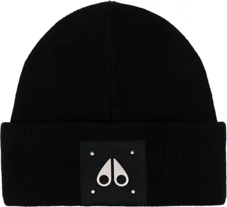 Moose Knuckles Logo Beanie - Heren - Hoeden - Zwart - ONE Size - Wol - Accessoires