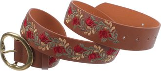 Supvox Boho Embroidered Brown Waist Belt for Women with Buckle, Handmade Floral Statement Waistband for Jeans and Dresses, Western Style Fashion Accessory