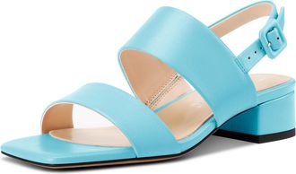 Castamere Womens Chunky Block Low Heel Peep Open Square Toe Buckle Sandals Dress Casual Party Shoes 3.5 CM Heels Light Blue 3.5 UK