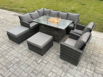 Fimous 10 Seater Outdoor Rattan Garden Furniture Set Corner Sofa Gas Fire Pit Dining Table Sets Gas Heater with 2 Big Footstool 2 Armchair