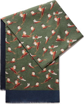 Oliver Brown Wool and Silk Flying Pheasant Scarf - green