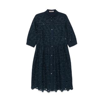 D.exterior Navy Blue Geborduurde Midi Jurk - Dames - Shirt Kleedjes - Blauw - XL - Katoen - Kleedjes