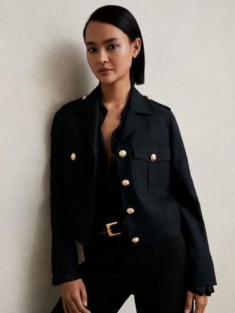 Reiss Black Wool Twin-pocket Cropped Jacket, 12