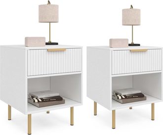 IDMarket Lot De 2 Tables De Chevet Marcel 1 Tiroir Avec Niche Effet Lattes Blanc Et Dor&eacute;