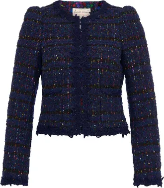 Maison Common Sequins Tweed Jacket With Macrame Trimming in Blue at Nordstrom, Size 40