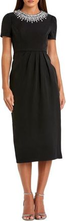 Mac Duggal Petite Short Sleeve Rhinestone Neckline Midi Dress in Black at Nordstrom, Size 10