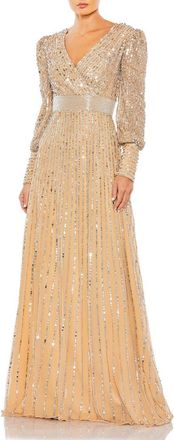 Mac Duggal Sequined Wrap Over Bishop Sleeve Gown in Vanilla Silver at Nordstrom, Size 10