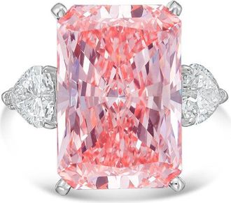 Diana M. Jewels Platinum Lab grown 15ct Fancy pink radiant diamond ring with heart diamonds on the side and micropave band