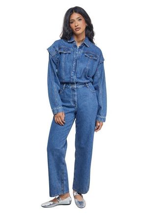 Warehouse Tony Denim Jumpsuit in Mid Blue at Nordstrom, Size 6