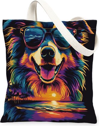 Generic Summer Rough Collie Dog Canvas Tote Bag for Shopping 13x15, Cool Beach Coastal Puppy Reusable Grocery Print Pattern Bag for Women, Retro Pet Beach Aes