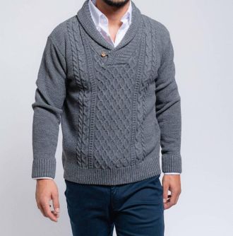 SMF Shawl Collar Pullover Cable Knit Sweater In Grey