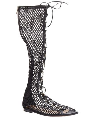 Gianvito Rossi Womens Leather Helena Crochet Mesh Rings Lace Up Sandal (Authentic Pre-Loved)