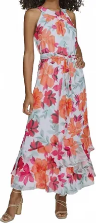 Calvin Klein Floral-Print Halter Maxi Dress In White Multi