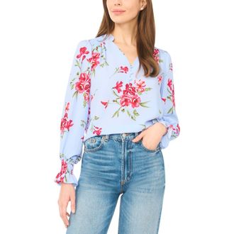 CeCe by Cynthia Steffe Floral Half Placket Smocked Accent Top in Windsurfer at Nordstrom, Size X-Small