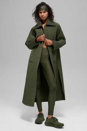 Alo | Quilted Skyline Long Coat in Green Olive, Size: Medium/Large