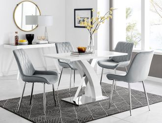 Furniturebox Atlanta White High Gloss & Chrome 4 Seater Dining Table with X Shaped Legs & 4 Soft Velvet Pesaro Chairs in Grey