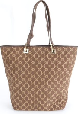 Gucci Brown Leather Canvas Handbag Tote Bag (Pre-Owned)