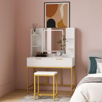 Kosy Koala Dressing Table Set with LED Mirror, Side Shelves & Stool - White & Gold for Bedroom
