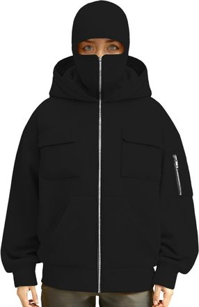 Generic Mens Black Full Zip Hoodie with Double Hood & Windproof Face Cover Multiple Cargo Zipper Pockets Oversized Warm Jacket for Cycling Jogging Outdoor Spo