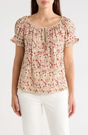 Max Studio Split Neck Ruffle Sleeve Top in Cream/Red Whimsical Petals at Nordstrom Rack, Size X-Small