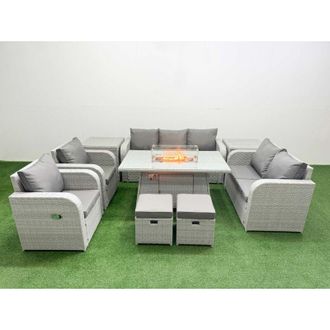 Fimous Fimous PE Rattan Garden Furniture Set Reclining Chair Sofa Double Love Seat 2 Seater Sofa Lounge Set Firepit Dining Table 2 Stools 2 Side Table Light