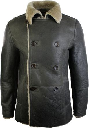 TruClothing Khaki Sheepskin Double Breasted Fitted Jacket