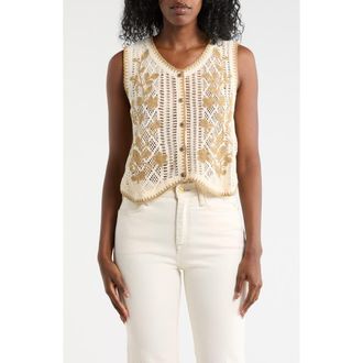 Forgotten Grace Floral Embroidered Open Knit Button Tank in Natural/Mocha at Nordstrom Rack, Size X-Large