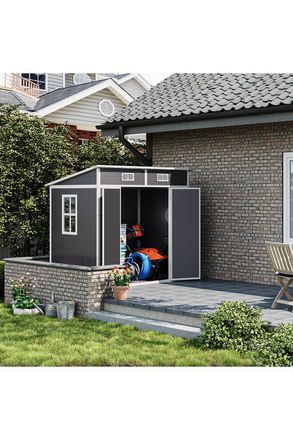 Living and Home 6x4FT Outdoor Grey Plastic Garden Tool Shed with Waterproof Sloped Roof, Lockable Door, Ventilation Window & Vents in Light Grey