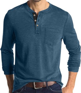 Generic Mens Long Sleeve T Shirt 3-Button Henley Shirt Vintage Grandad T-Shirts Casual Pullover Crew Neck Tee Shirts Lightweight Cotton Long Sleeve Blouse Top