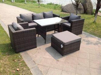 Fimous Grey Lounge Rattan Sofa Dining Table Set Chairs Footstool Garden Furniture Outdoor in Dark Grey
